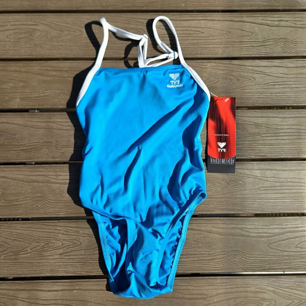TYR DuraFast  Girls Turquoise_white 1 pc Swimsuit  Microback Youth Sz 26 New